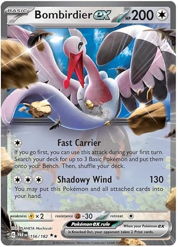 Titan Cards: 1x Near Mint Bombirdier ex 156/182 Double Rare Pokemon Karte (SV04 Paradox Rift) + 1x Toploader von Titan Cards