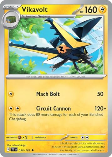 Vikavolt 056/162 Uncommon Reverse Holo Pokemon Karte (SV Temporal Forces) + 1x TitanCards® Toploader von Titan Cards