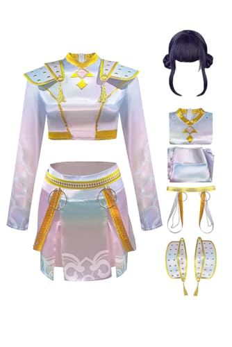 Tittaty Hunters Cosplay Kostüm Zoy Outfits mit Perücke Langarm Bauchfrei Oberteil Laser Metallic Glitzer Anzug Koreanischer Popstar Idol Jacke Halloween von Tittaty