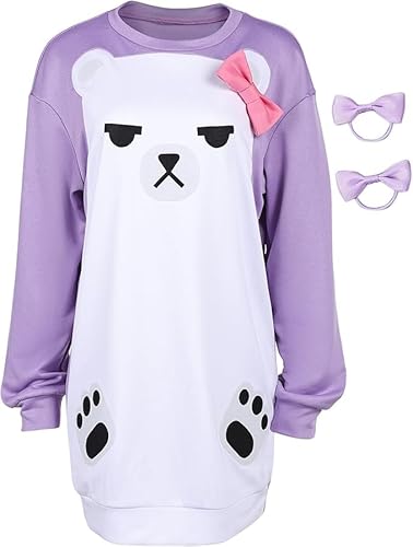 Tittaty Mira Cosplay Pyjamas Lila Cartoon Bär Bedruckte Schlafanzug Hoodies mit Haarschmuck Langarm Nachtkleid Nachtwäsche Halloween Party Outfit von Tittaty