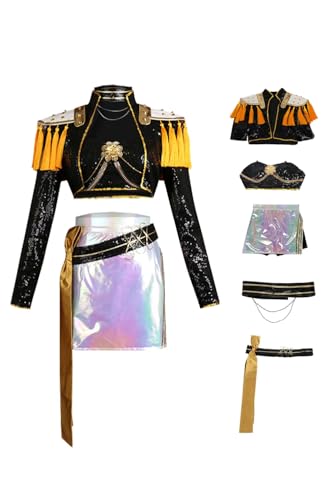 Tittaty Mira Kostüm Anime Hunters Cosplay Band Outfits Schwarz Gold Glitzer Pailletten Jacke Rock Set Bauchfrei Glitter Star Idol Anzug Halloween Karneval von Tittaty