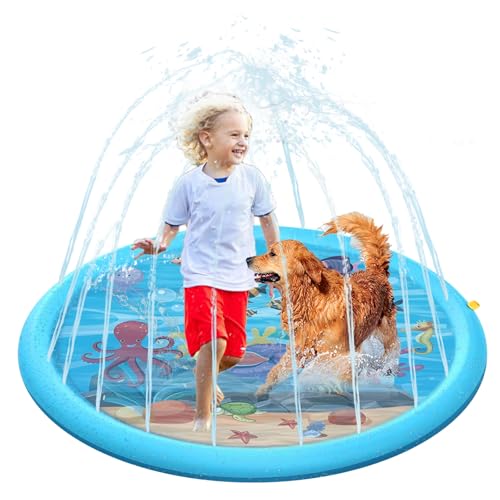 170CM Splash Pad, Sprinkler Matte Kinder, Sprinkler Wasser-Spielmatte für Outdoor Garten, Rutschfestes Wasserspielzeug für Kinder Hunde Haustiere von Tiusixsy