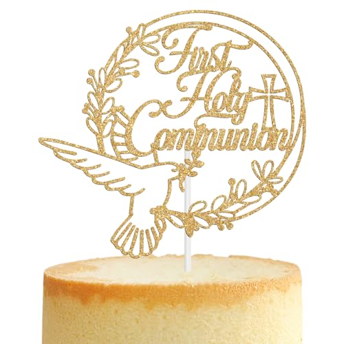 Tortenaufsatz zur Erstkommunion, Friedenstauben-Kreuz, religiöse Taufe, Hochzeit, Taufe, Babyparty, 1. Geburtstag, Party-Dekorationen für Jungen und Mädchen, goldfarbener Glitzer Tortenaufsatz zur Erstkommunion, Friedenstauben-Kreuz, religiöse Taufe, Hochzeit, Taufe, Babyparty, 1. Geburtstag, Party-Dekorationen für Jungen und Mädchen, goldfarbener Glitzer von Tivurcia