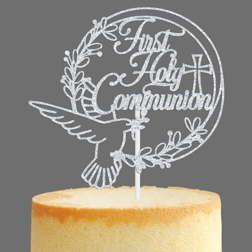 Tortenaufsatz zur Erstkommunion, Friedenstauben-Kreuz, religiöse Taufe, Hochzeit, Taufe, Babyparty, 1. Geburtstag, Party-Dekorationen für Jungen und Mädchen, silberner Glitzer Tortenaufsatz zur Erstkommunion, Friedenstauben-Kreuz, religiöse Taufe, Hochzeit, Taufe, Babyparty, 1. Geburtstag, Party-Dekorationen für Jungen und Mädchen, silberner Glitzer von Tivurcia