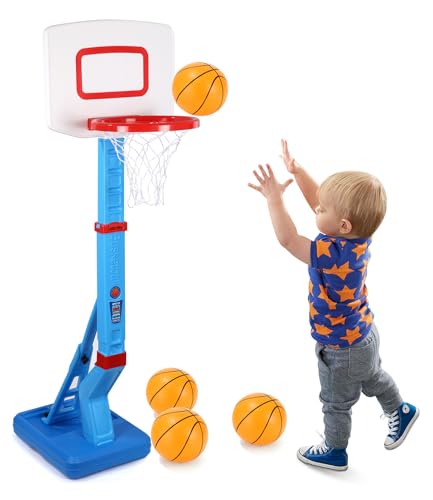 Tixexo Basketballkorb Outdoor Kinder Spielzeug Junge 3 4 5 6 7 8 Jahre,Basketball Geschenk,Höhenverstellbar, Basketball-Regal mit 4 Basketballs von Tixexo
