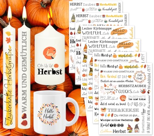 Tixlux 6 PCS Kerzentattoo Wassertransferdruck (200+ Muster), Wasserschiebefolie kerzen | Kerzenaufkleber | Kerzen dekorieren | Gedenklicht | Trostkerze | Geburtstagskerze (Herbst) von Tixlux