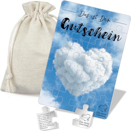 Tixlux Gutschein Puzzle 24-teilig, Kleine Umarmung Glücksbringer, Glücksbringer-Puzzle, Gutschein Coupon zum Selber Ausfüllen, Gutscheinkarte Geburtstag, Mutmacher Geschenk, mit Baumwoll-Säckchen von Tixlux
