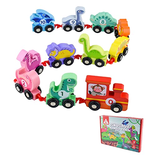 Tizund 11PCS Montessori Holz-Dinosaurier-Zugautos mit Zahlen，Zug Spielzeug mit Zahlen von 0-10, lustiges pädagogisches Spielzeug,Für Jungen Mädchen 3+Jahre Vorschule Spielzeug Geburtstag Geschenk von Tizund