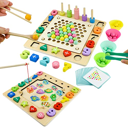 Tizund Montessori Toy 168pcs Fishing Game Wooden Beads Game,Wooden Clip Beads Board Game Puzzles Maths Early Educational Toy,Children's Hands Eyes Brain Training Puzzle Board for Preschool Children von Tizund