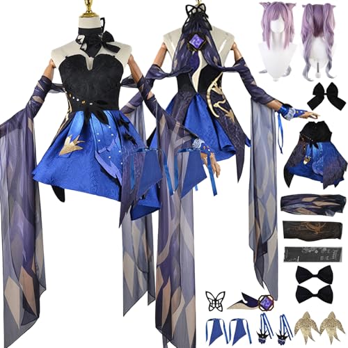 Anime Keqing Cosplay Uniform Kostüm Spiel Genshin Impact Cosplay Outfits mit Escoffier Rolle Schultergurte Uniform Rock Verkleidung Anzug Halloween Karneval Party Kleidung Zubehör Komplettset für von Tjlmomo