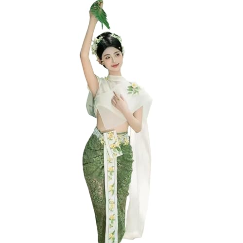 TjImomo Chinesisches Kleid für Frauen Antikes Sommer-Stickerei-Kostüm Anime Hanfu-Outfits Halloween-Kostümparty-Aufführung Cosplay-Kleidung (Weißes Oberteil + grüner Rock) von Tjlmomo