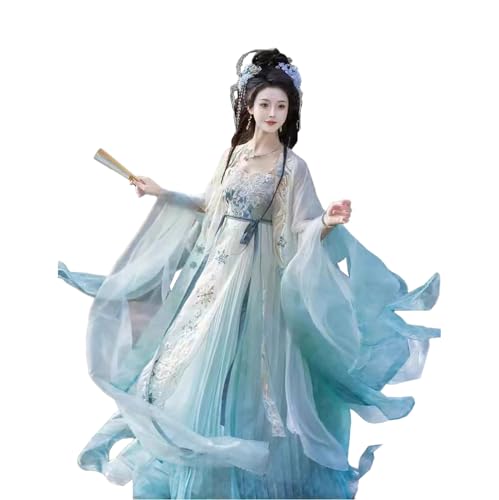 TjImomo Damen Antikes Chinesisches Traditionelles Hanfu-Kleid Strickjacke Oberteile Langer Rock Cosplay Party Performance Kostüm (Farbverlauf Blau) von Tjlmomo