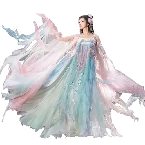 TjImomo Hanfu-Kleid für Damen, chinesische Tang-Dynastie Hanfu traditionelle Stickerei Kostüm Anime Hanfu-Outfits Cosplay Halloween Kostümparty Performance-Kleidung (Farbverlauf Blau Rosa (Set)) von Tjlmomo