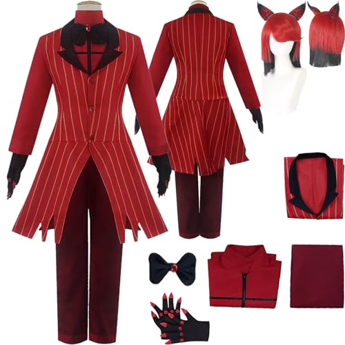 Tjlmomo Anime Alastor Cosplay Uniform Kostüm Spiel Hazbin Hotel Cosplay Outfits mit Perücke Rolle Lucifer Morningstar Uniform Verkleidung Anzug Halloween Karneval Party Kleidung Komplettset für Männer von Tjlmomo