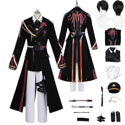 Tjlmomo Anime Caleb Pilots Schwarz Cosplay Uniform Kostüm Spiel Cosplay Outfits mit Perücke Rolle Uniform Rock Verkleidung Anzug Halloween Karneval Party Kleidung Zubehör Komplettset für Männer von Tjlmomo