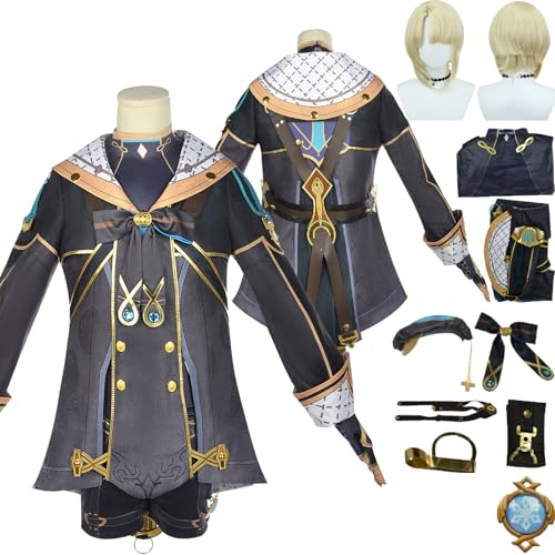 Tjlmomo Anime Freminet Cosplay Kostüm Spiel Genshin Impact Cosplay Outfits mit Perücke Rolle Varesa Uniform Rock Verkleidung Halloween Karneval Party Kleidung Zubehör Komplettset für Männer von Tjlmomo