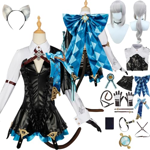 Tjlmomo Anime Lynette Cosplay Kostüm Spiel Genshin Impact Cosplay Outfits mit Perücke Rolle Mualani Uniform Rock Verkleidung Halloween Karneval Party Kleidung Zubehör Komplettset für Frauen von Tjlmomo