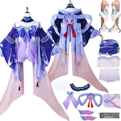 Tjlmomo Anime Sangonomiya Kokomi Cosplay Uniform Kostüm Spiel Genshin Impact Cosplay Outfits mit Perücke Rolle Mualani Uniform Rock Verkleidung Halloween Karneval Party Kleidung Zubehör für Frauen von Tjlmomo