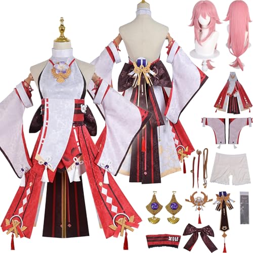 Tjlmomo Anime Yae Miko Cosplay Kostüm Spiel Genshin Impact Cosplay Outfits mit Perücke Rolle Varesa Uniform Rock Verkleidung Halloween Karneval Party Kleidung Zubehör Komplettset für Frauen von Tjlmomo