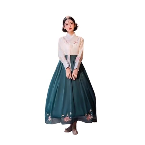 Tjlmomo Hanbok-Kleid für Damen, Koreanisch, Nordkorea, altes traditionelles Kleid, Outfit, Blumenstickerei, Cosplay, Nationalkostüm (Weißes Oberteil + grüner Rock) von Tjlmomo