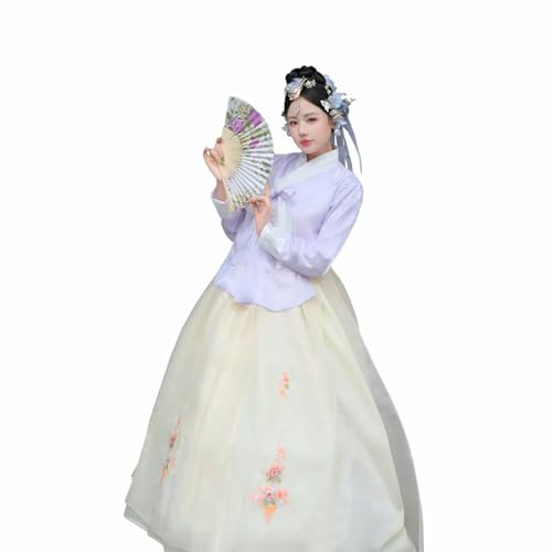 Tjlmomo Hanbok-Kleid für Damen, uraltes koreanisches traditionelles Kleid, Outfit mit Blumenstickerei, Cosplay, Nationalkostüm (Lila Oberteil + gelber Rock) von Tjlmomo