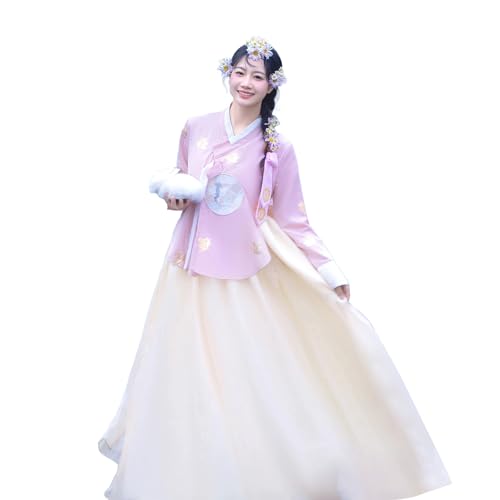 Tjlmomo Hanbok-Kleid für Damen, uraltes koreanisches traditionelles Kleid, Outfit mit Blumenstickerei, Cosplay, Nationalkostüm (Lila-weißer Rock) von Tjlmomo