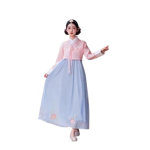 Tjlmomo Hanbok-Kleid für Damen, uraltes koreanisches traditionelles Kleid, Outfit mit Blumenstickerei, Cosplay, Nationalkostüm (Rosa Oberteil + blauer Rock) von Tjlmomo