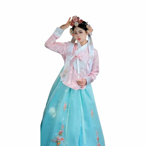 Tjlmomo Hanbok-Kleid für Damen, uraltes koreanisches traditionelles Kleid, Outfit mit Blumenstickerei, Cosplay, Nationalkostüm (Rosa Oberteil + grüner Rock) von Tjlmomo