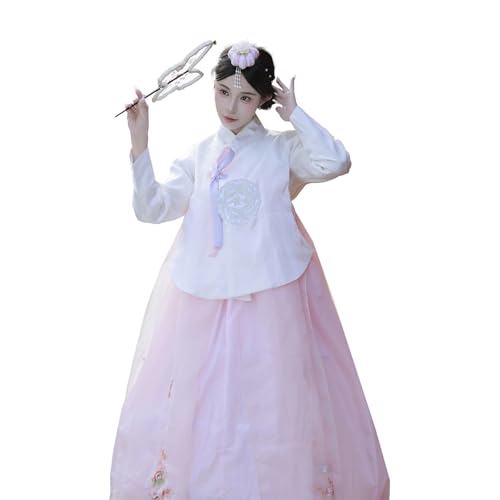 Tjlmomo Hanbok-Kleid für Damen, uraltes koreanisches traditionelles Kleid, Outfit mit Blumenstickerei, Cosplay, Nationalkostüm (Weißes Oberteil + rosa Rock) von Tjlmomo