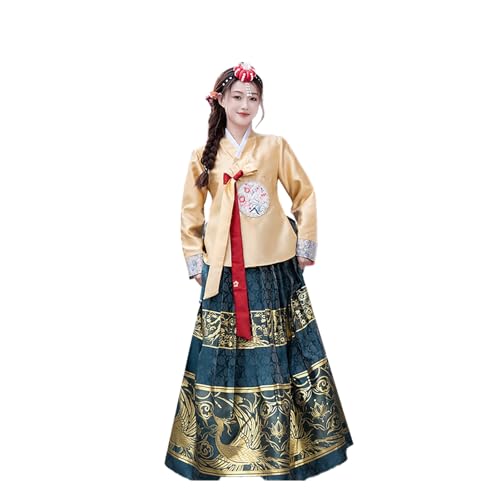 Tjlmomo Hanbok-Kleid für Damen, uraltes koreanisches traditionelles Kleid, Outfit mit Blumenstickerei, nationales Cosplay-Kostüm (Gelbes Oberteil + grüner Rock) von Tjlmomo