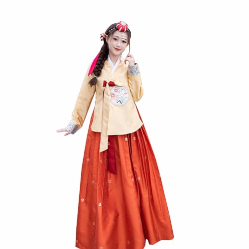 Tjlmomo Hanbok-Kleid für Damen, uraltes koreanisches traditionelles Kleid, Outfit mit Blumenstickerei, nationales Cosplay-Kostüm (Gelbes Oberteil + roter Rock) von Tjlmomo