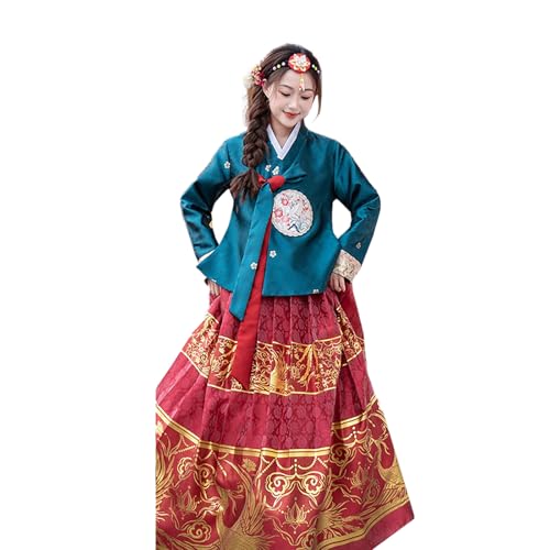 Tjlmomo Hanbok-Kleid für Damen, uraltes koreanisches traditionelles Kleid, Outfit mit Blumenstickerei, nationales Cosplay-Kostüm (Grünes Oberteil + roter Rock) von Tjlmomo