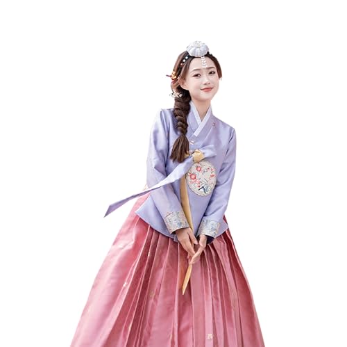 Tjlmomo Hanbok-Kleid für Damen, uraltes koreanisches traditionelles Kleid, Outfit mit Blumenstickerei, nationales Cosplay-Kostüm (Lila Oberteil + rosa Rock) von Tjlmomo
