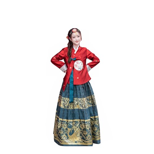 Tjlmomo Hanbok-Kleid für Damen, uraltes koreanisches traditionelles Kleid, Outfit mit Blumenstickerei, nationales Cosplay-Kostüm (Rotes Oberteil + grüner Rock) von Tjlmomo