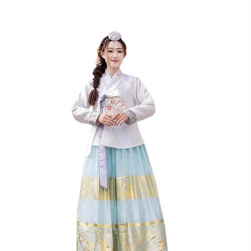 Tjlmomo Hanbok-Kleid für Damen, uraltes koreanisches traditionelles Kleid, Outfit mit Blumenstickerei, nationales Cosplay-Kostüm (Weißes Oberteil + grüner Rock) von Tjlmomo