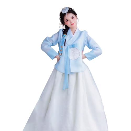 Tjlmomo Hanbok-Kleid für Damen, uraltes koreanisches traditionelles Kleid, Palast, Hochzeit, Goldprägung, Cosplay, Nationalkostüm (Blaues Oberteil + weißer Rock) von Tjlmomo