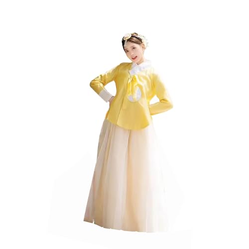 Tjlmomo Hanbok-Kleid für Damen, uraltes koreanisches traditionelles Kleid, Palast, Hochzeit, Goldprägung, Cosplay, Nationalkostüm (Gelbes Oberteil + weißer Rock) von Tjlmomo