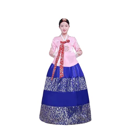 Tjlmomo Hanbok-Kleid für Damen, uraltes koreanisches traditionelles Kleid, Palast, Hochzeit, Goldprägung, Cosplay, Nationalkostüm (Rosa Oberteil + blauer Rock) von Tjlmomo