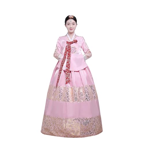 Tjlmomo Hanbok-Kleid für Damen, uraltes koreanisches traditionelles Kleid, Palast, Hochzeit, Goldprägung, Cosplay, Nationalkostüm (Rosa Oberteil + rosa Rock) von Tjlmomo