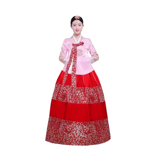 Tjlmomo Hanbok-Kleid für Damen, uraltes koreanisches traditionelles Kleid, Palast, Hochzeit, Goldprägung, Cosplay, Nationalkostüm (Rosa Oberteil + roter Rock) von Tjlmomo