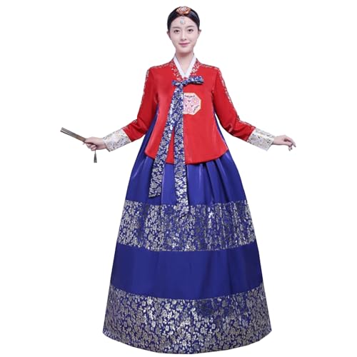 Tjlmomo Hanbok-Kleid für Damen, uraltes koreanisches traditionelles Kleid, Palast, Hochzeit, Goldprägung, Cosplay, Nationalkostüm (Rotes Oberteil + blauer Rock) von Tjlmomo