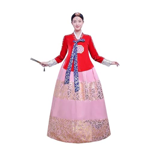 Tjlmomo Hanbok-Kleid für Damen, uraltes koreanisches traditionelles Kleid, Palast, Hochzeit, Goldprägung, Cosplay, Nationalkostüm (Rotes Oberteil + rosa Rock) von Tjlmomo