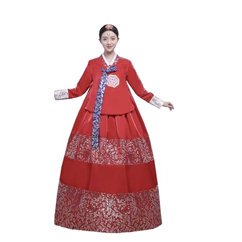 Tjlmomo Hanbok-Kleid für Damen, uraltes koreanisches traditionelles Kleid, Palast, Hochzeit, Goldprägung, Cosplay, Nationalkostüm (Rotes Oberteil + roter Rock) von Tjlmomo