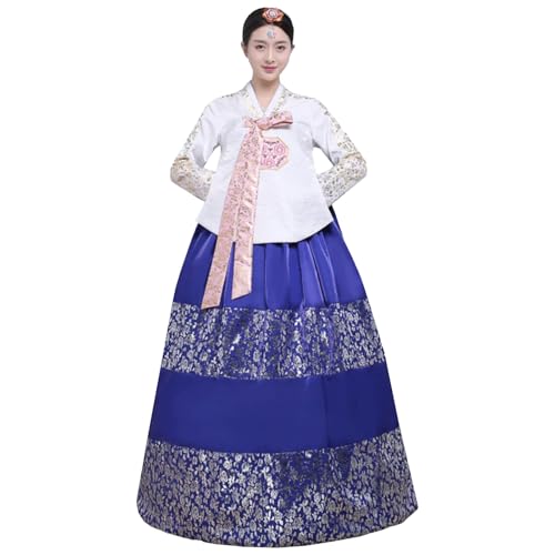 Tjlmomo Hanbok-Kleid für Damen, uraltes koreanisches traditionelles Kleid, Palast, Hochzeit, Goldprägung, Cosplay, Nationalkostüm (Weißes Oberteil + blauer Rock) von Tjlmomo