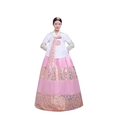 Tjlmomo Hanbok-Kleid für Damen, uraltes koreanisches traditionelles Kleid, Palast, Hochzeit, Goldprägung, Cosplay, Nationalkostüm (Weißes Oberteil + rosa Rock) von Tjlmomo