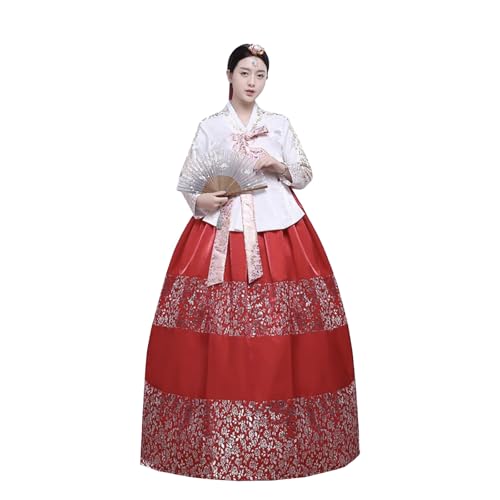 Tjlmomo Hanbok-Kleid für Damen, uraltes koreanisches traditionelles Kleid, Palast, Hochzeit, Goldprägung, Cosplay, Nationalkostüm (Weißes Oberteil + roter Rock) von Tjlmomo