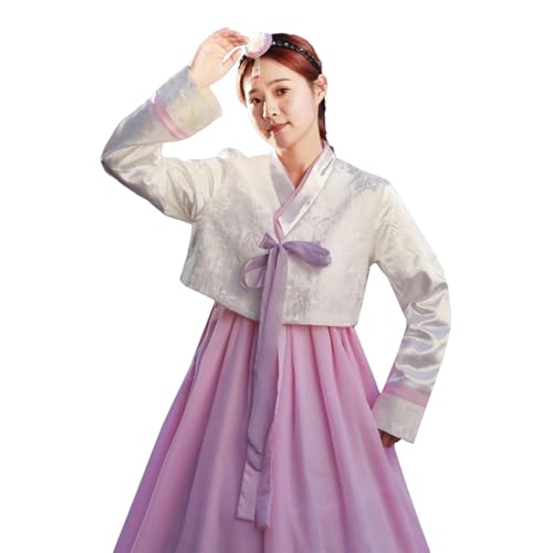 Tjlmomo Hanbok-Kleid für Damen, uraltes koreanisches traditionelles Kleid, Stickerei, Cosplay, Palast, Korea, Hochzeitstanzkostüm (Weißes Oberteil + lila Rock) von Tjlmomo