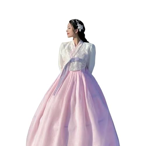 Tjlmomo Hanbok-Kleid für Damen, uraltes koreanisches traditionelles Kleid, Stickerei, Cosplay, Palast, Korea, Hochzeitstanzkostüm (Weißes Oberteil + rosa Rock) von Tjlmomo