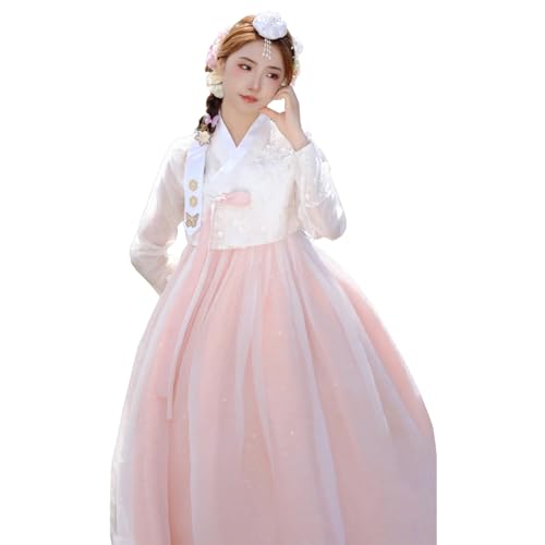 Tjlmomo Hanbok-Kleid für Damen, uraltes koreanisches traditionelles Kleid mit Blumenstickerei, Cosplay, Nationalkostüm Dae Jang Geum (Weißes Oberteil + rosa Rock) von Tjlmomo