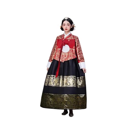 Tjlmomo Hanbok-Kleid für Damen uraltes koreanisches traditionelles Kleid Outfit mit Blumenstickerei Cosplay Nationalkostüm (Rotes Oberteil + schwarzer Rock) von Tjlmomo